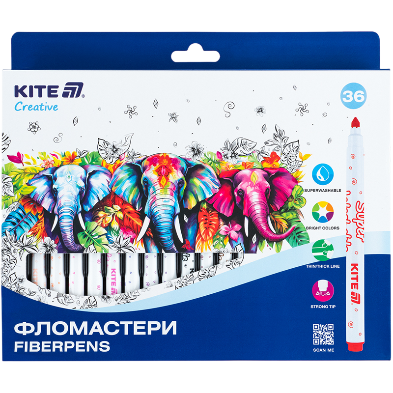 Фломастери набір 36 штук Kite Creative Superwashable
