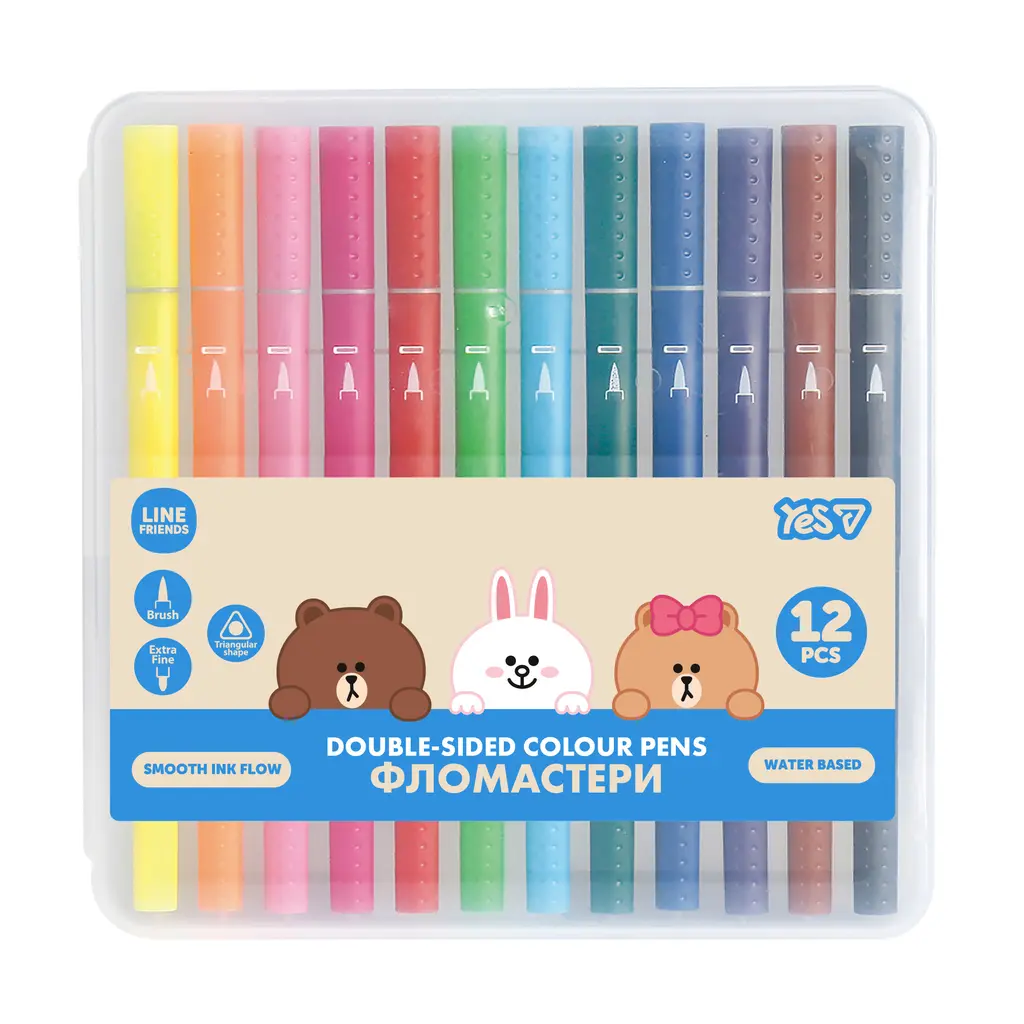 Обкладника "Маркери двосторонні YES Line Friends, 12 кольорів" Обкладинка "Маркери двосторонні YES Line Friends, 12 кольорів"